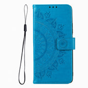 For iPhone 16 Pro Max Totem Flower Embossed Leather Phone Case(Blue)