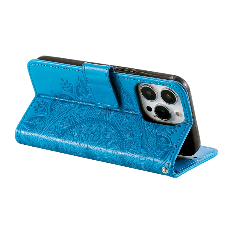 For iPhone 16 Pro Max Totem Flower Embossed Leather Phone Case(Blue)