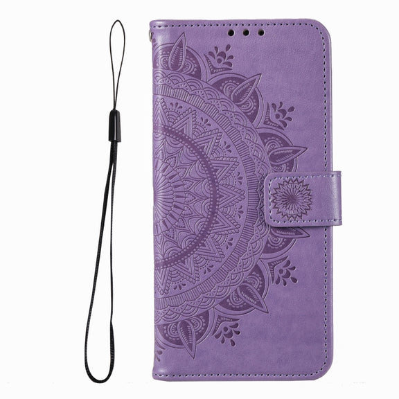 For iPhone 16 Pro Max Totem Flower Embossed Leather Phone Case(Purple)