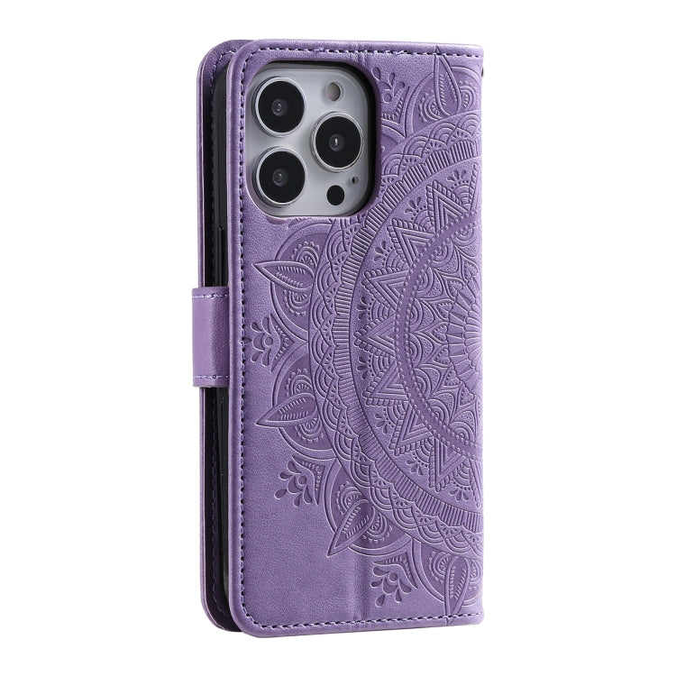 For iPhone 16 Pro Max Totem Flower Embossed Leather Phone Case(Purple)