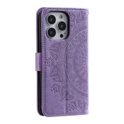 For iPhone 16 Pro Max Totem Flower Embossed Leather Phone Case(Purple)