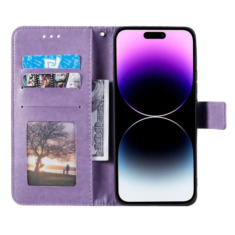 For iPhone 16 Pro Max Totem Flower Embossed Leather Phone Case(Purple)