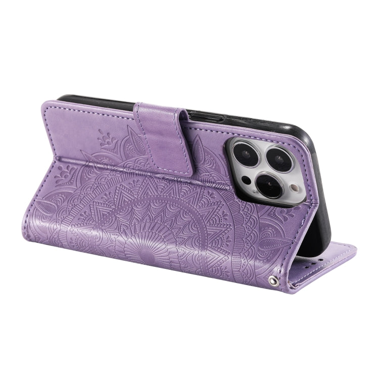 For iPhone 16 Pro Max Totem Flower Embossed Leather Phone Case(Purple)