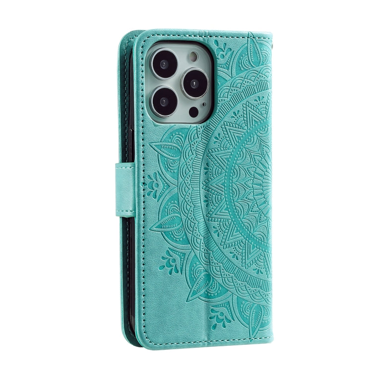 For iPhone 16 Pro Totem Flower Embossed Leather Phone Case(Green)