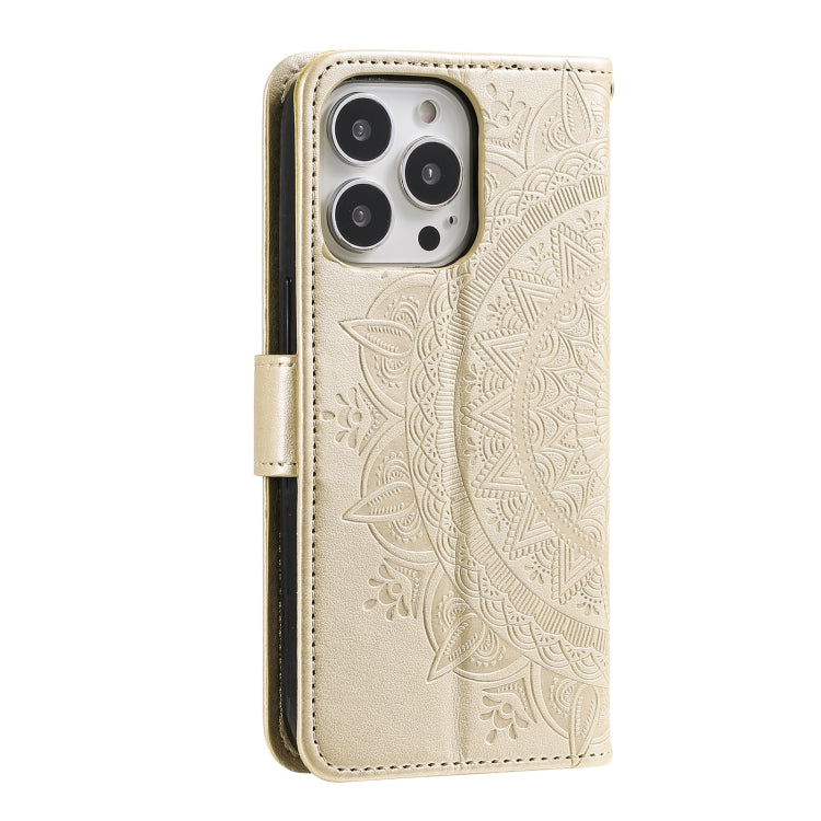 For iPhone 16 Pro Totem Flower Embossed Leather Phone Case(Gold)