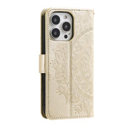 For iPhone 16 Pro Totem Flower Embossed Leather Phone Case(Gold)