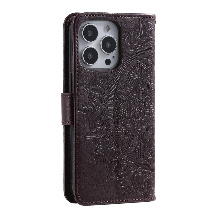 For iPhone 16 Pro Totem Flower Embossed Leather Phone Case(Brown)