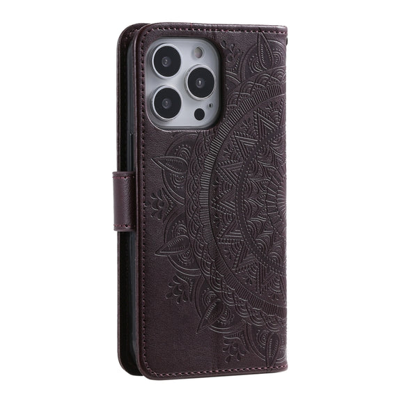 For iPhone 16 Pro Totem Flower Embossed Leather Phone Case(Brown)