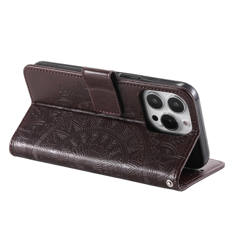 For iPhone 16 Pro Totem Flower Embossed Leather Phone Case(Brown)