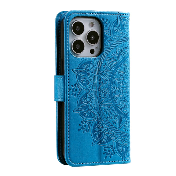 For iPhone 16 Pro Totem Flower Embossed Leather Phone Case(Blue)