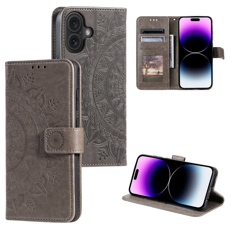 For iPhone 16 Plus Totem Flower Embossed Leather Phone Case(Grey)