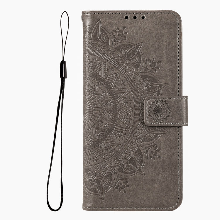 For iPhone 16 Plus Totem Flower Embossed Leather Phone Case(Grey)