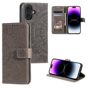 For iPhone 16 Plus Totem Flower Embossed Leather Phone Case(Grey)