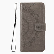 For iPhone 16 Plus Totem Flower Embossed Leather Phone Case(Grey)