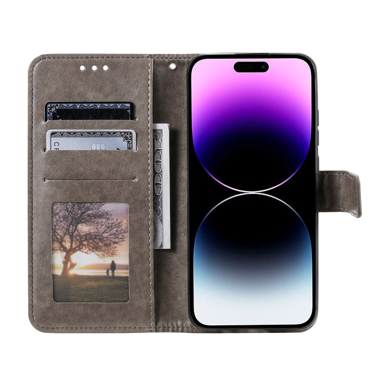For iPhone 16 Plus Totem Flower Embossed Leather Phone Case(Grey)