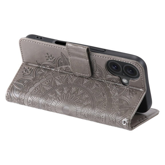 For iPhone 16 Plus Totem Flower Embossed Leather Phone Case(Grey)