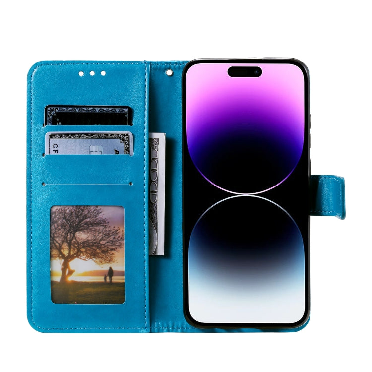 For iPhone 16 Plus Totem Flower Embossed Leather Phone Case(Blue)