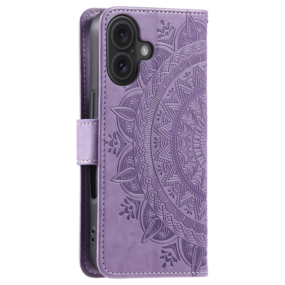 For iPhone 16 Plus Totem Flower Embossed Leather Phone Case(Purple)
