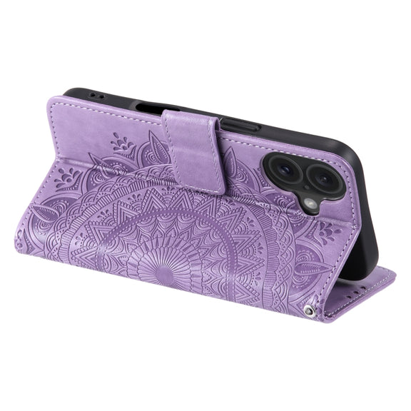 For iPhone 16 Plus Totem Flower Embossed Leather Phone Case(Purple)