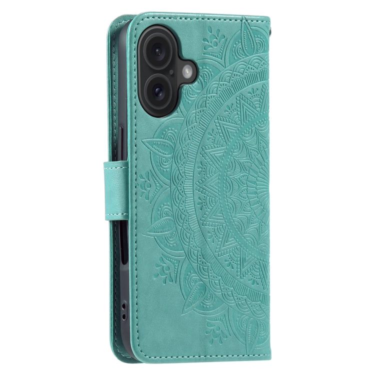 For iPhone 16 Totem Flower Embossed Leather Phone Case(Green)