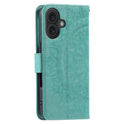 For iPhone 16 Totem Flower Embossed Leather Phone Case(Green)
