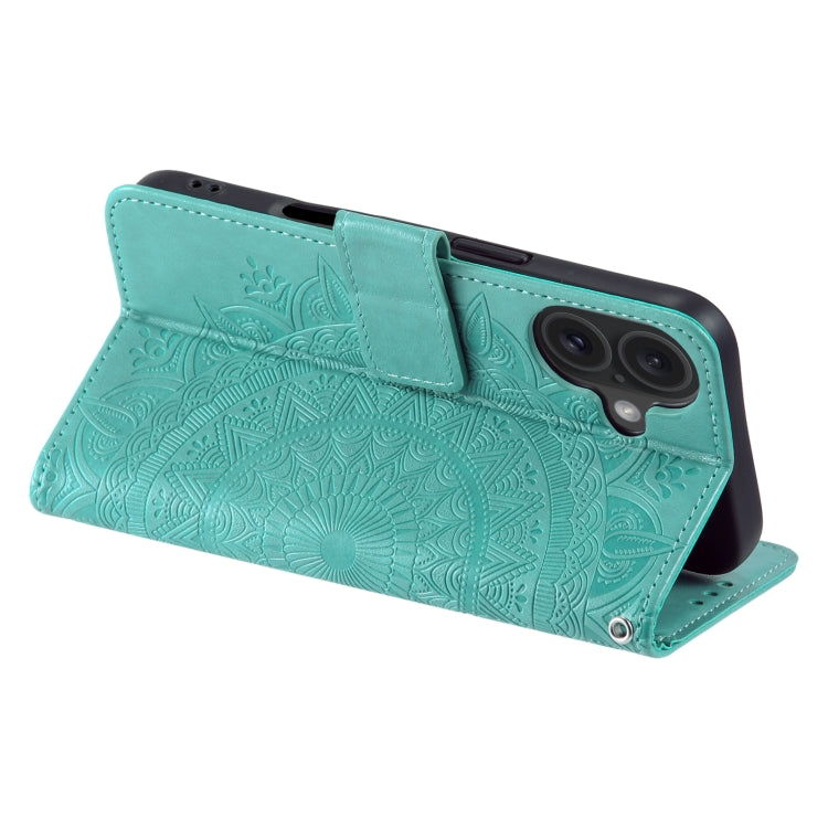 For iPhone 16 Totem Flower Embossed Leather Phone Case(Green)