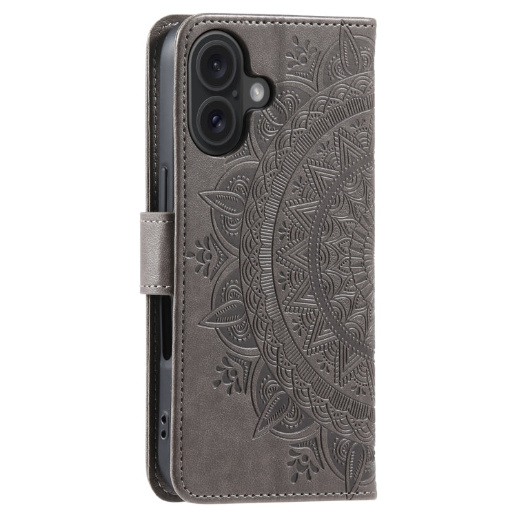 For iPhone 16 Totem Flower Embossed Leather Phone Case(Grey)