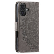 For iPhone 16 Totem Flower Embossed Leather Phone Case(Grey)