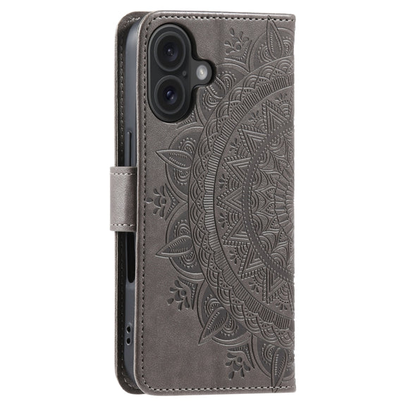 For iPhone 16 Totem Flower Embossed Leather Phone Case(Grey)