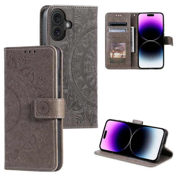 For iPhone 16 Totem Flower Embossed Leather Phone Case(Grey)
