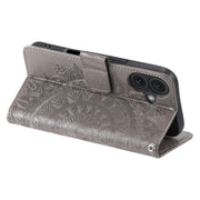 For iPhone 16 Totem Flower Embossed Leather Phone Case(Grey)