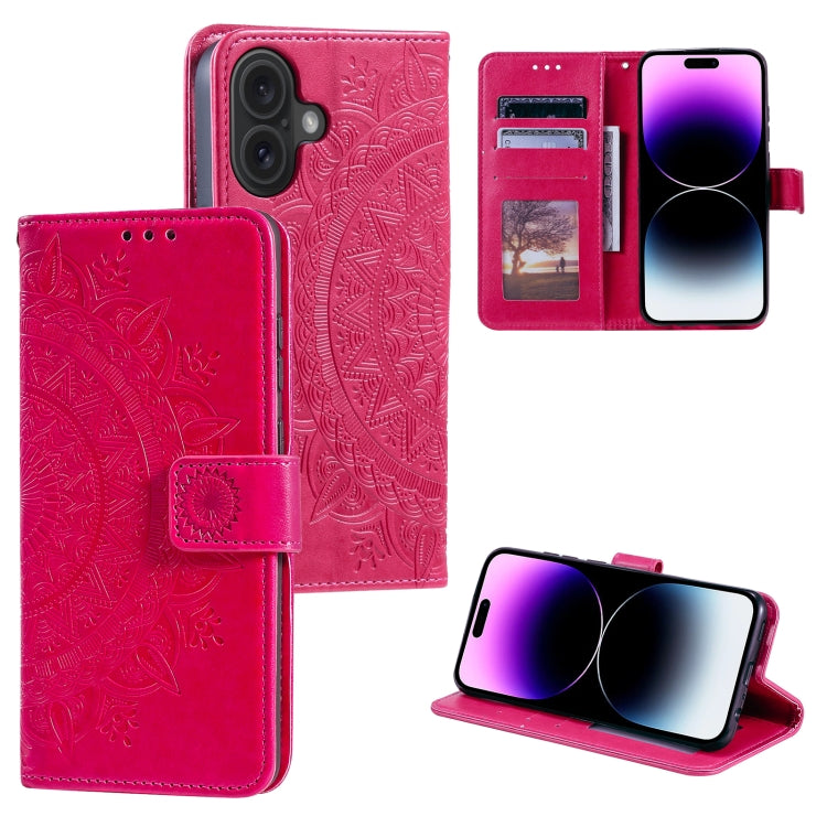 For iPhone 16 Totem Flower Embossed Leather Phone Case(Red)