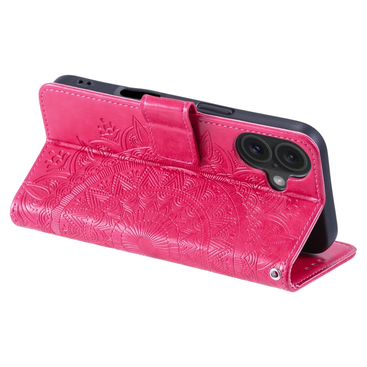 For iPhone 16 Totem Flower Embossed Leather Phone Case(Red)
