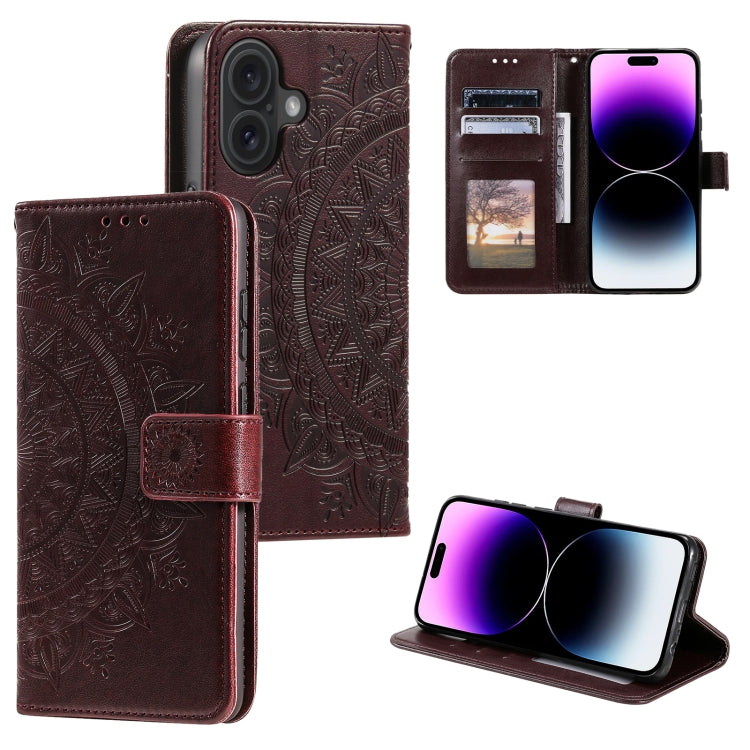 For iPhone 16 Totem Flower Embossed Leather Phone Case(Brown)