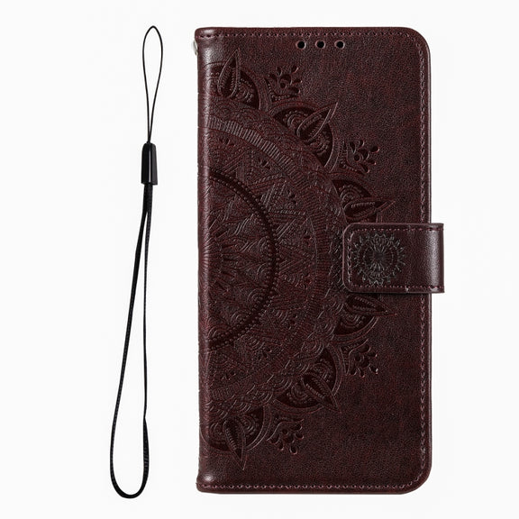 For iPhone 16 Totem Flower Embossed Leather Phone Case(Brown)