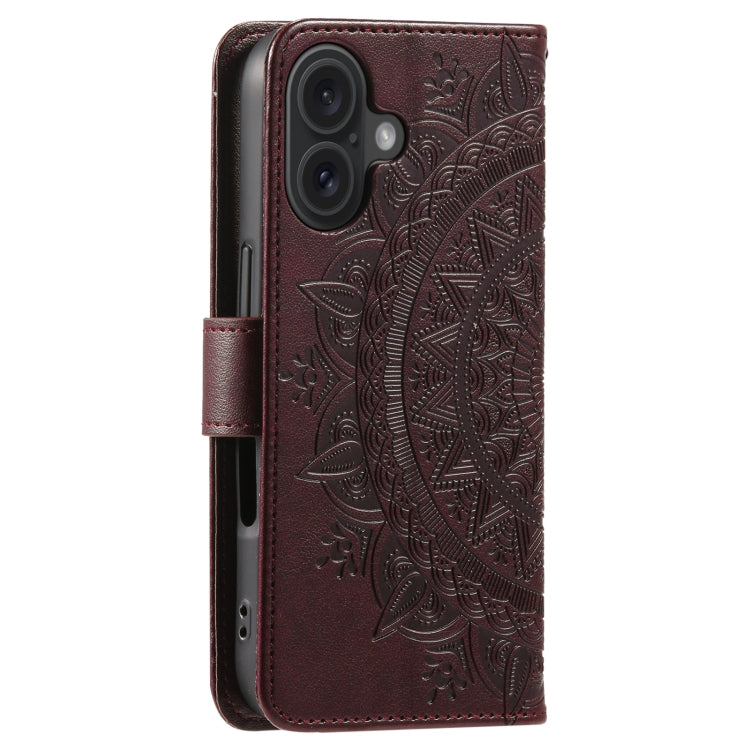 For iPhone 16 Totem Flower Embossed Leather Phone Case(Brown)