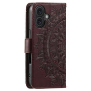 For iPhone 16 Totem Flower Embossed Leather Phone Case(Brown)