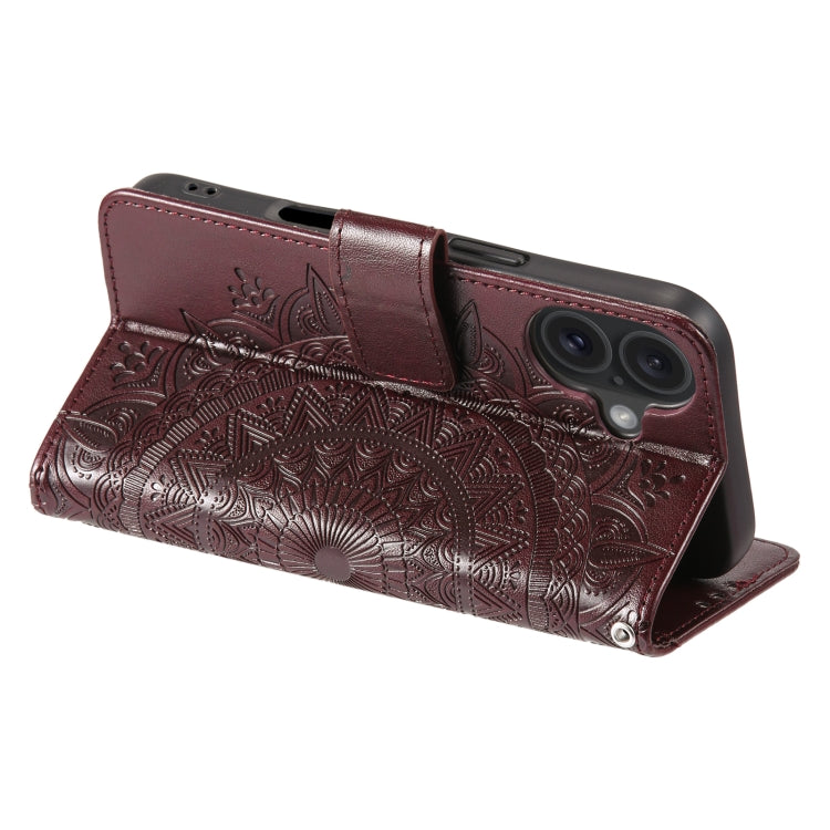 For iPhone 16 Totem Flower Embossed Leather Phone Case(Brown)