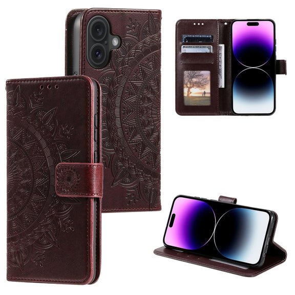 For iPhone 16 Totem Flower Embossed Leather Phone Case(Brown)