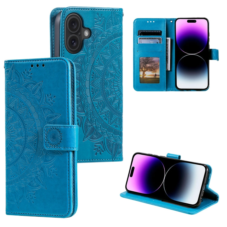 For iPhone 16 Totem Flower Embossed Leather Phone Case(Blue)