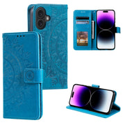For iPhone 16 Totem Flower Embossed Leather Phone Case(Blue)