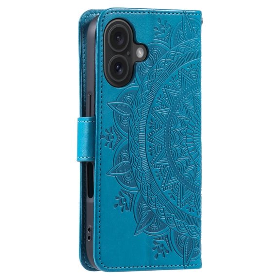 For iPhone 16 Totem Flower Embossed Leather Phone Case(Blue)