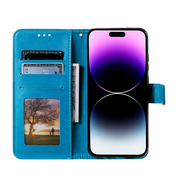 For iPhone 16 Totem Flower Embossed Leather Phone Case(Blue)