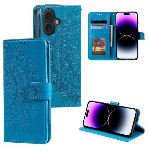 For iPhone 16 Totem Flower Embossed Leather Phone Case(Blue)