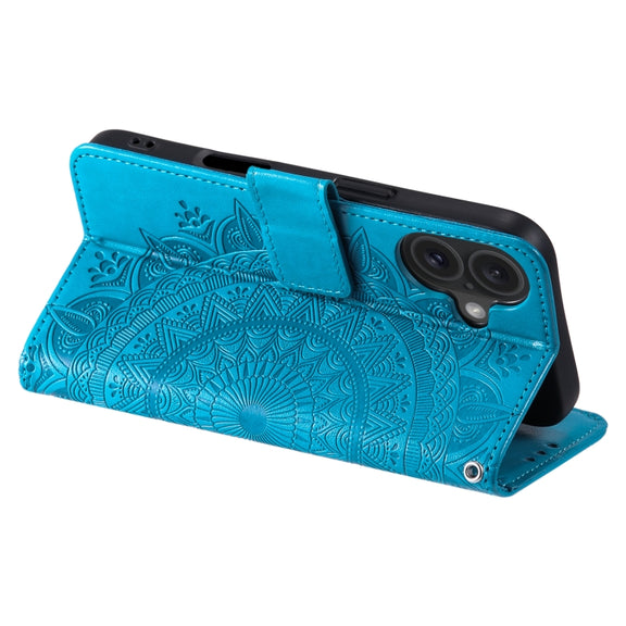 For iPhone 16 Totem Flower Embossed Leather Phone Case(Blue)
