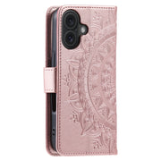 For iPhone 16 Totem Flower Embossed Leather Phone Case(Rose Gold)