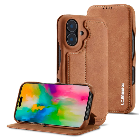 For iPhone 16 Plus LC.IMEEKE Hon Ancient Series Flip Leather Phone Case(Brown)