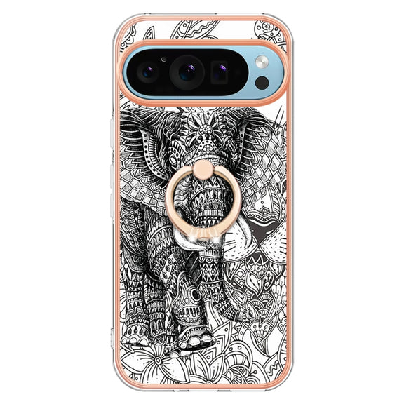For Google Pixel 9 Pro XL Electroplating Dual-side IMD Phone Case with Ring Holder(Totem Elephant)