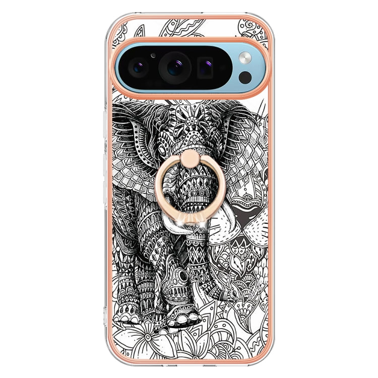 For Google Pixel 9 Pro XL Electroplating Dual-side IMD Phone Case with Ring Holder(Totem Elephant)
