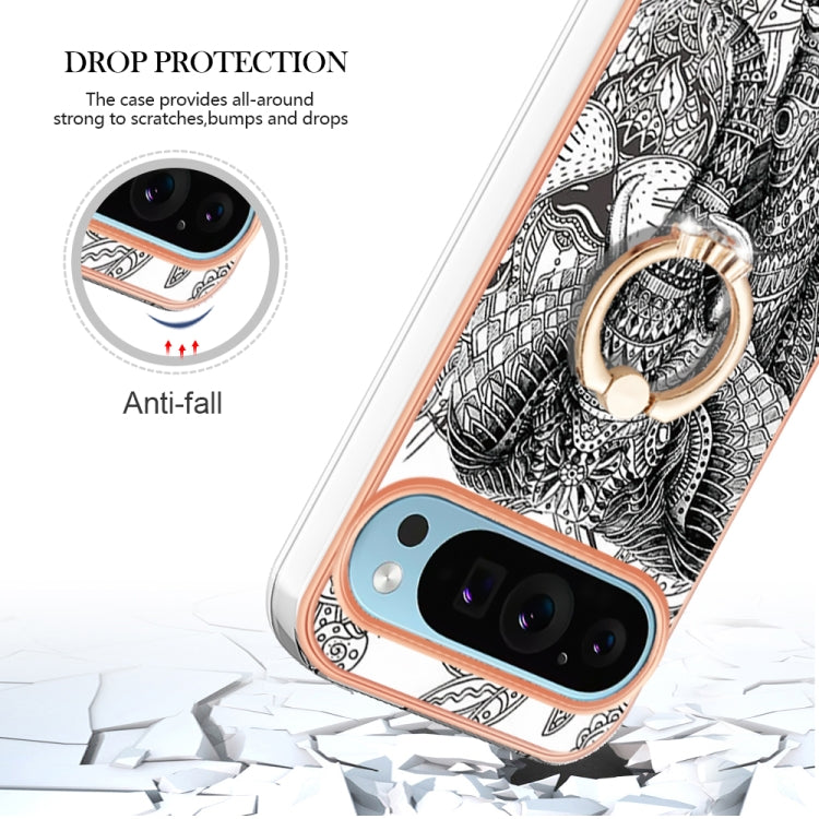 For Google Pixel 9 Pro XL Electroplating Dual-side IMD Phone Case with Ring Holder(Totem Elephant)